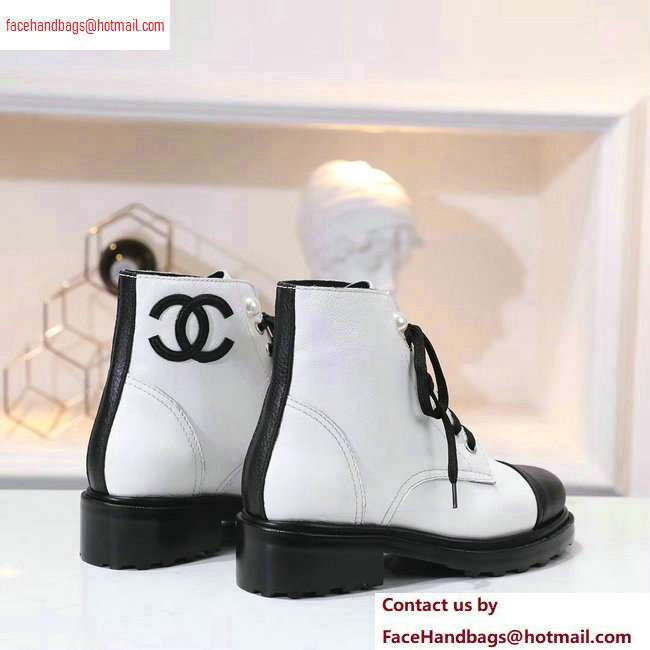 Chanel Leather Heel 5cm Pearl Lace-up Ankle Boots White 2020 - Click Image to Close