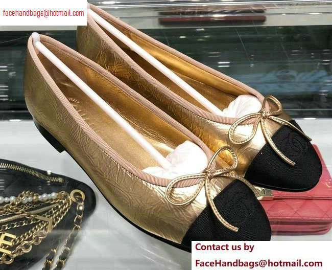 Chanel Leather and Grosgrain Classic Bow Ballerinas Flats G02819 Black/Crinkled Gold 2020