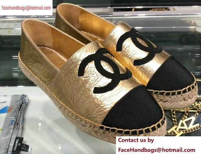 Chanel Leather and Grosgrain Espadrilles G29762 Black/Crinkled Gold 2020 - Click Image to Close