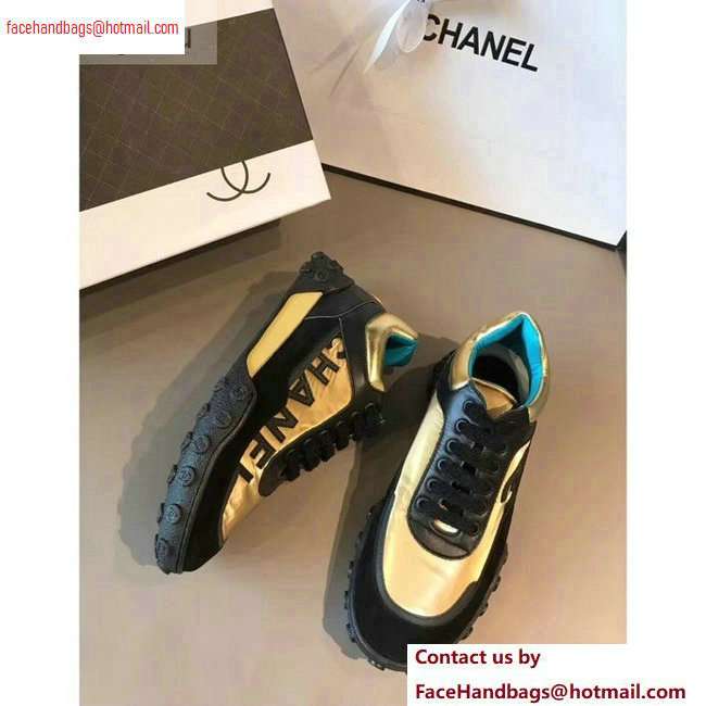 Chanel Logo Metallic Lambskin and Fabric Sneakers G34086 Black/Gold 2020 - Click Image to Close