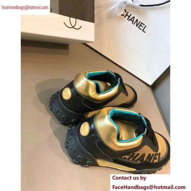 Chanel Logo Metallic Lambskin and Fabric Sneakers G34086 Black/Gold 2020 - Click Image to Close