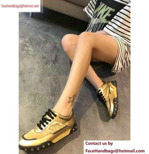Chanel Logo Metallic Lambskin and Fabric Sneakers G34086 Gold/Black 2020