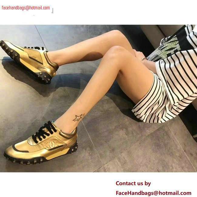 Chanel Logo Metallic Lambskin and Fabric Sneakers G34086 Gold/Black 2020