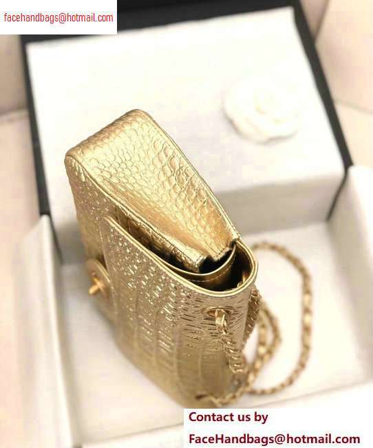Chanel Metallic Crocodile Embossed Calfskin Medium Classic Flap Bag Gold 2020