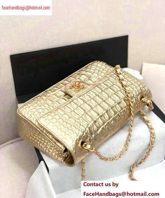 Chanel Metallic Crocodile Embossed Calfskin Medium Classic Flap Bag Gold 2020