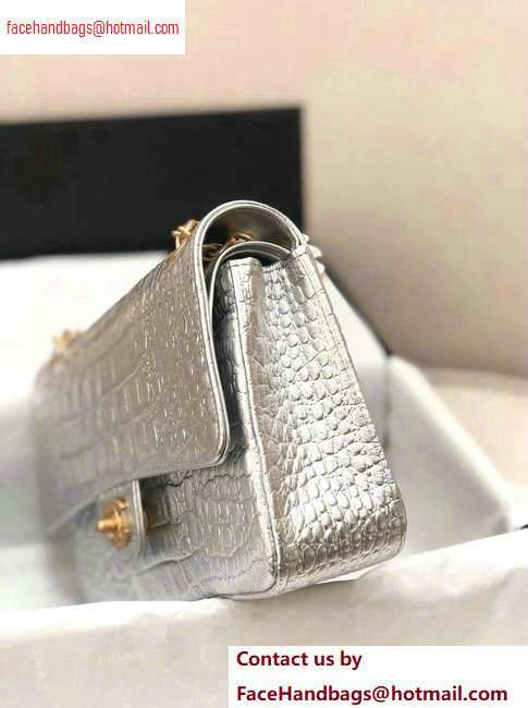 Chanel Metallic Crocodile Embossed Calfskin Medium Classic Flap Bag Silver 2020