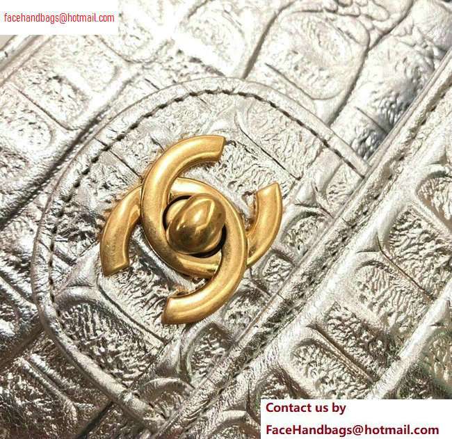 Chanel Metallic Crocodile Embossed Calfskin Medium Classic Flap Bag Silver 2020