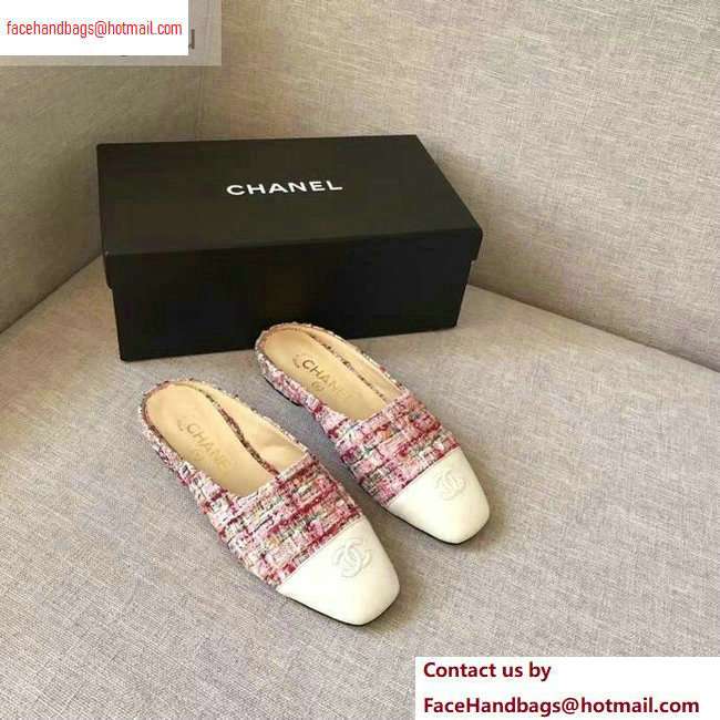 Chanel Mules Slipper Sandals Tweed Pink/White 2020 - Click Image to Close