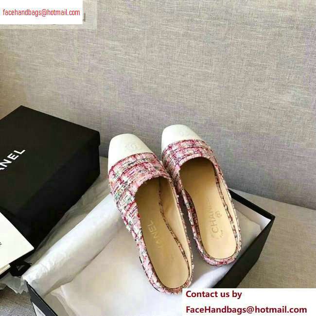 Chanel Mules Slipper Sandals Tweed Pink/White 2020 - Click Image to Close