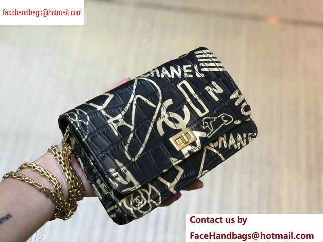 Chanel Reissue 2.55 Crocodile Embossed Printed Leather Wallet on Chain WOC Bag A70328 Black 2020