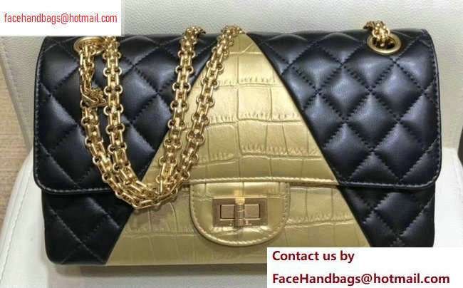 Chanel Reissue 2.55 Lambskin and Crocodile Embossed Calfskin 225 Flap Bag A37586 Black/Gold 2020