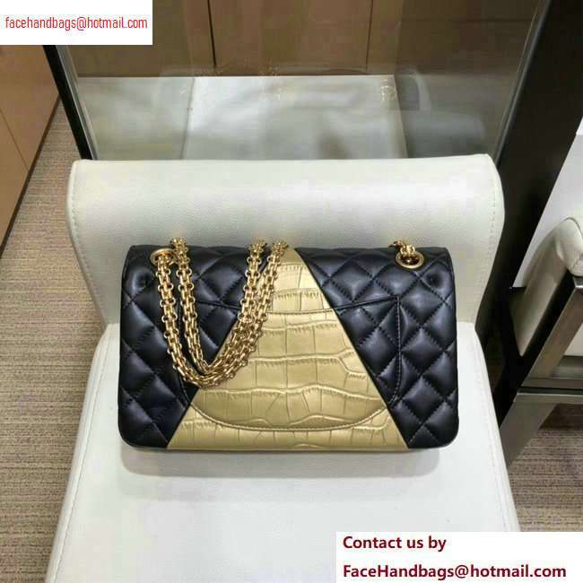 Chanel Reissue 2.55 Lambskin and Crocodile Embossed Calfskin 225 Flap Bag A37586 Black/Gold 2020 - Click Image to Close