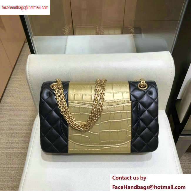 Chanel Reissue 2.55 Lambskin and Crocodile Embossed Calfskin 225 Flap Bag A37586 Black/Gold/Black 2020