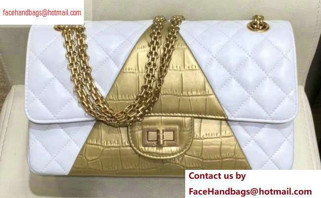 Chanel Reissue 2.55 Lambskin and Crocodile Embossed Calfskin 225 Flap Bag A37586 White/Gold 2020