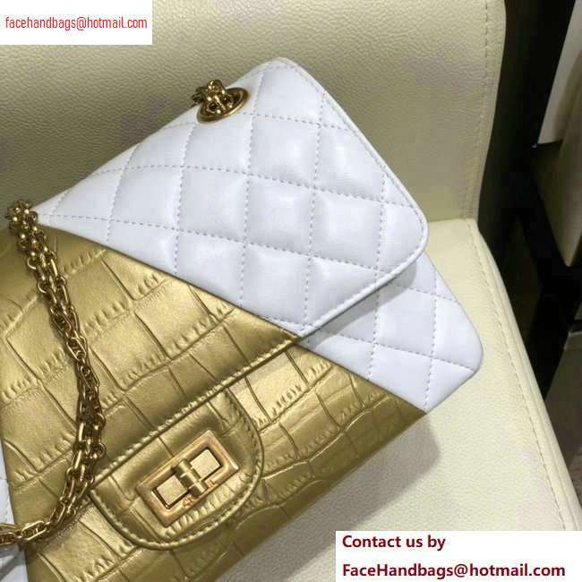 Chanel Reissue 2.55 Lambskin and Crocodile Embossed Calfskin 225 Flap Bag A37586 White/Gold 2020 - Click Image to Close
