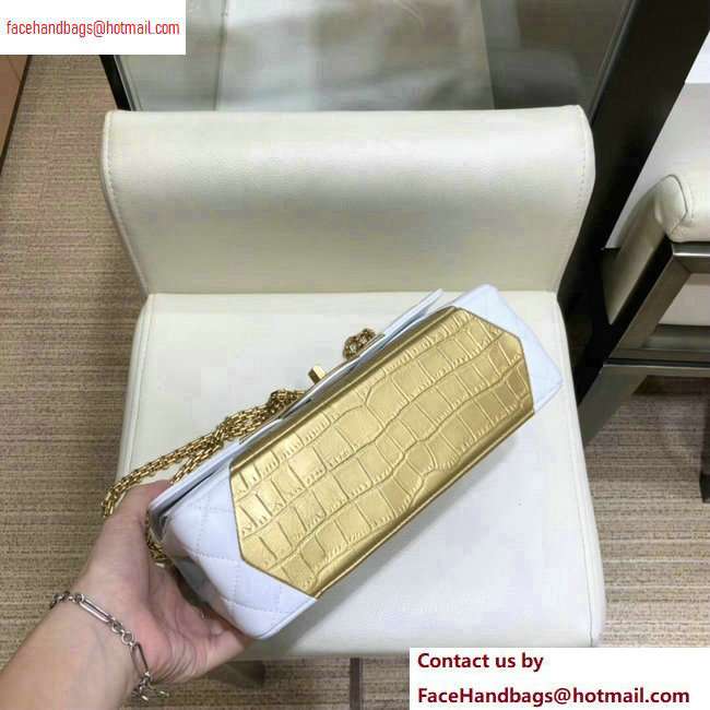 Chanel Reissue 2.55 Lambskin and Crocodile Embossed Calfskin 225 Flap Bag A37586 White/Gold 2020 - Click Image to Close