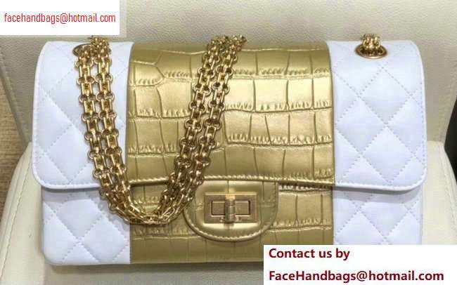 Chanel Reissue 2.55 Lambskin and Crocodile Embossed Calfskin 225 Flap Bag A37586 White/Gold/White 2020