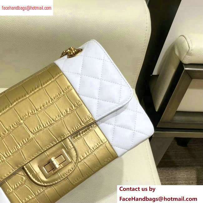 Chanel Reissue 2.55 Lambskin and Crocodile Embossed Calfskin 225 Flap Bag A37586 White/Gold/White 2020