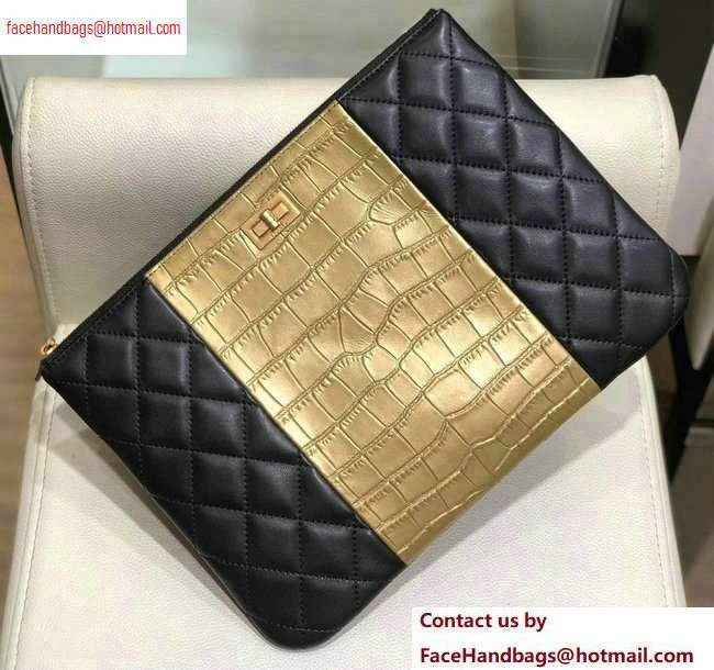 Chanel Reissue 2.55 Lambskin and Crocodile Embossed Calfskin Pouch Clutch Bag A82725 Black/Gold 2020