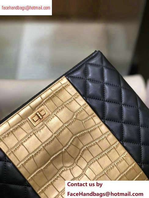 Chanel Reissue 2.55 Lambskin and Crocodile Embossed Calfskin Pouch Clutch Bag A82725 Black/Gold 2020 - Click Image to Close
