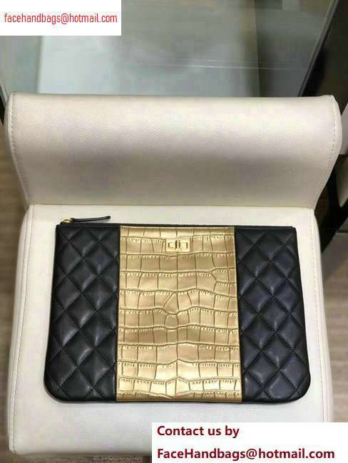 Chanel Reissue 2.55 Lambskin and Crocodile Embossed Calfskin Pouch Clutch Bag A82725 Black/Gold 2020 - Click Image to Close