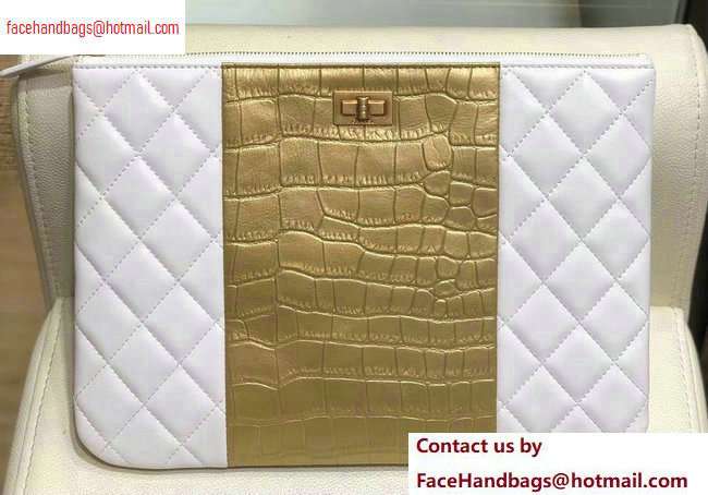 Chanel Reissue 2.55 Lambskin and Crocodile Embossed Calfskin Pouch Clutch Bag A82725 White/Gold 2020 - Click Image to Close