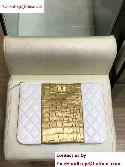 Chanel Reissue 2.55 Lambskin and Crocodile Embossed Calfskin Pouch Clutch Bag A82725 White/Gold 2020