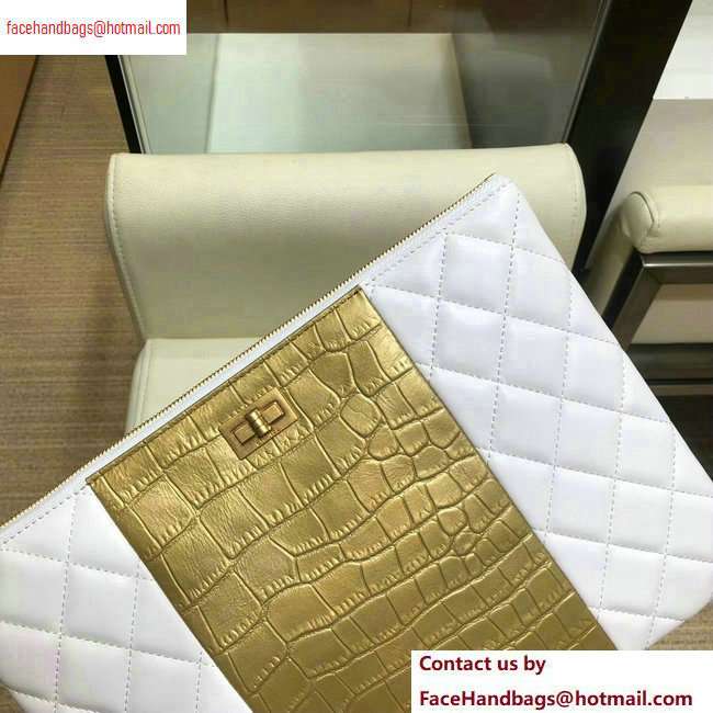 Chanel Reissue 2.55 Lambskin and Crocodile Embossed Calfskin Pouch Clutch Bag A82725 White/Gold 2020 - Click Image to Close