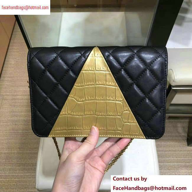 Chanel Reissue 2.55 Lambskin and Crocodile Embossed Calfskin Wallet on Chain WOC Bag AP0612 Black/Gold 2020 - Click Image to Close