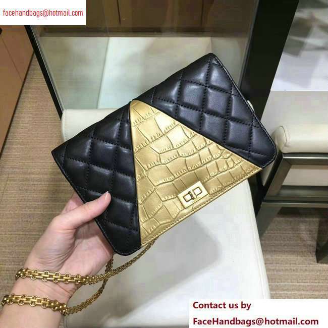 Chanel Reissue 2.55 Lambskin and Crocodile Embossed Calfskin Wallet on Chain WOC Bag AP0612 Black/Gold 2020 - Click Image to Close