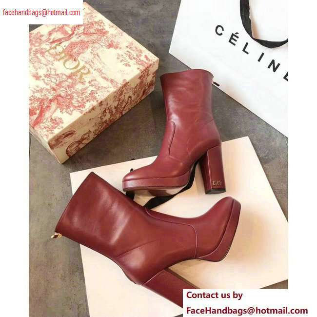 Dior Heel 10cm D-Rise Zipped Ankle Boots Leather Dark Red 2020