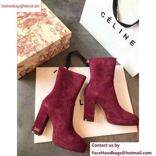 Dior Heel 10cm D-Rise Zipped Ankle Boots Suede Dark Red 2020