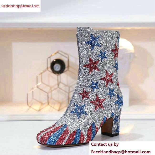 Dior Heel 6.5cm D-Circus Low Boots Stars and Stripes in Glitter Silver 2020