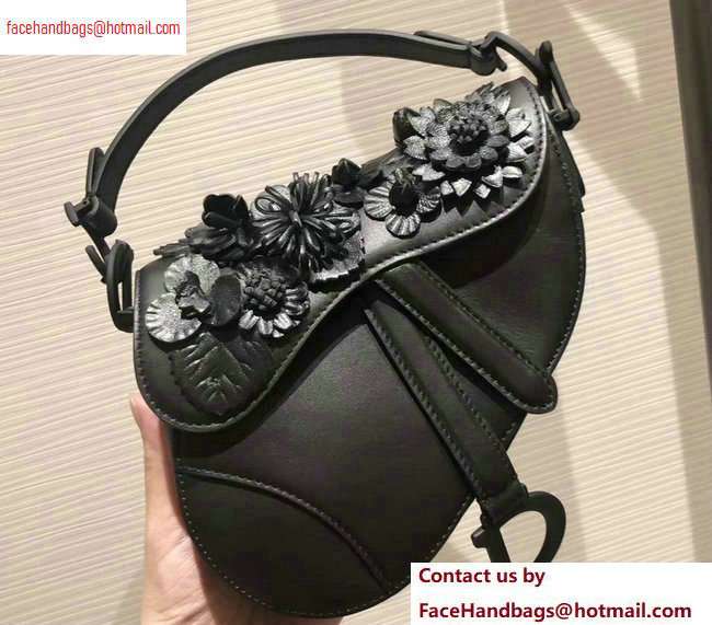 Dior Mini Saddle Bag in Black Lambskin with Embroidered Flowers Fall 2020 - Click Image to Close