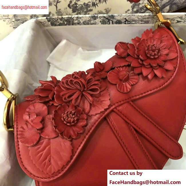 Dior Mini Saddle Bag in Red Lambskin with Embroidered Flowers Fall 2020 - Click Image to Close