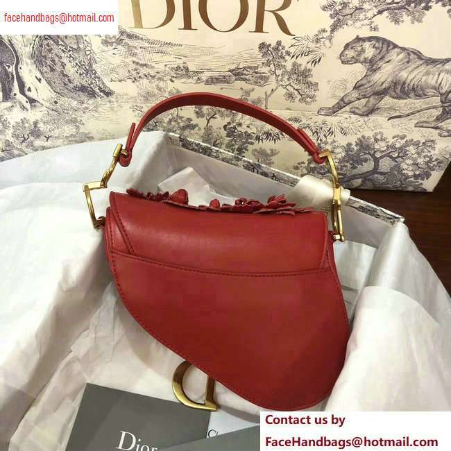 Dior Mini Saddle Bag in Red Lambskin with Embroidered Flowers Fall 2020
