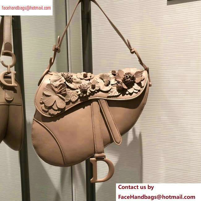 Dior Saddle Bag in Nude Pink Lambskin with Embroidered Flowers Fall 2020