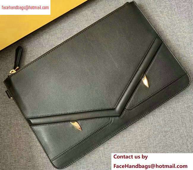Fendi Bag Bugs Eyes Slim Zippered Pouch Clutch Bag Leather Black 2020 - Click Image to Close