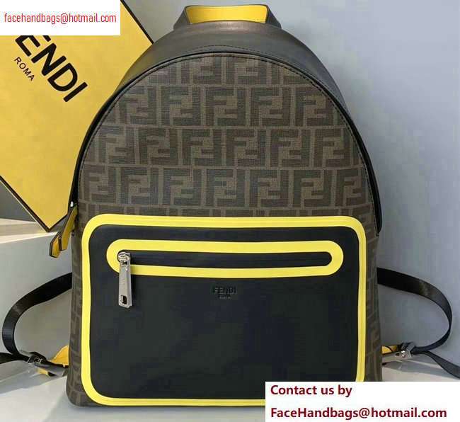 Fendi FF Logo Fabric Large Lackpack Bag with Front Pocket Brown/Yellow Piping 2020