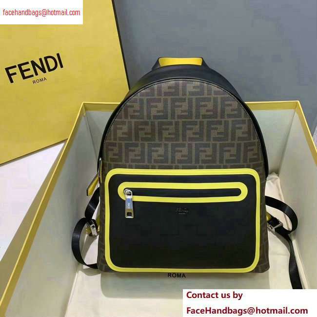 Fendi FF Logo Fabric Large Lackpack Bag with Front Pocket Brown/Yellow Piping 2020 - Click Image to Close