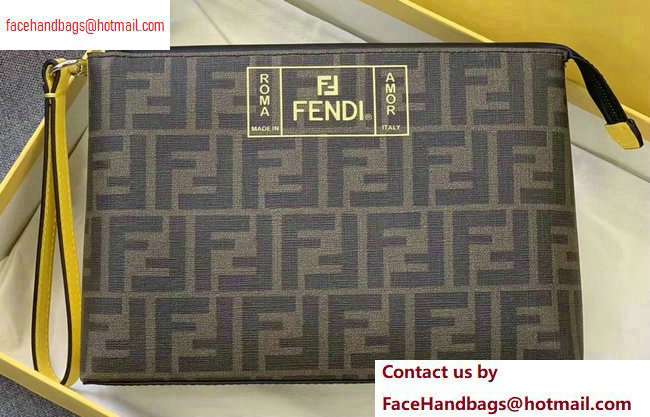 Fendi FF Logo Fabric Medium Slim Pouch Bag Brown/Yellow Piping 2020 - Click Image to Close