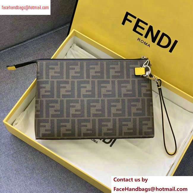 Fendi FF Logo Fabric Medium Slim Pouch Bag Brown/Yellow Piping 2020 - Click Image to Close