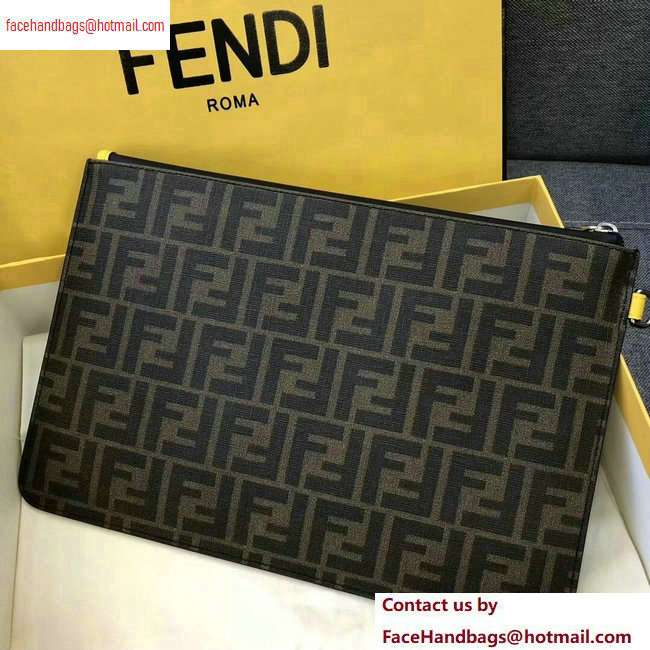 Fendi FF Logo Fabric Zippered Pochette Pouch Bag Brown/Yellow Piping 2020