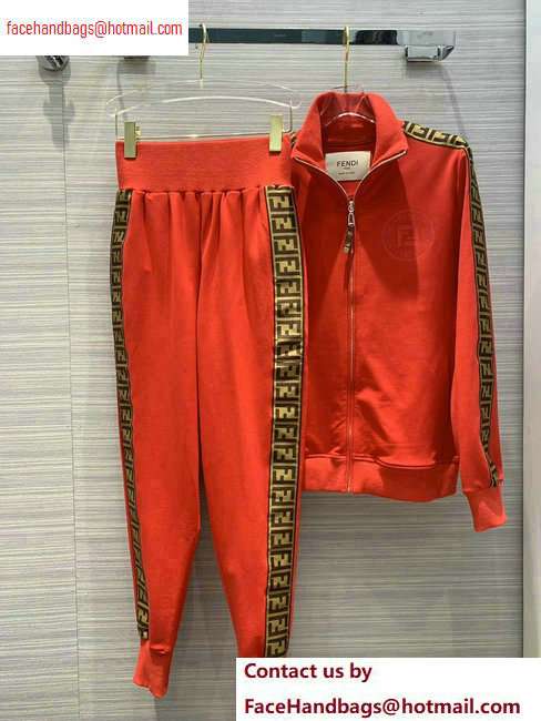 Fendi FF Logo Trim Jacket and Pants Suit Orange Red 2020