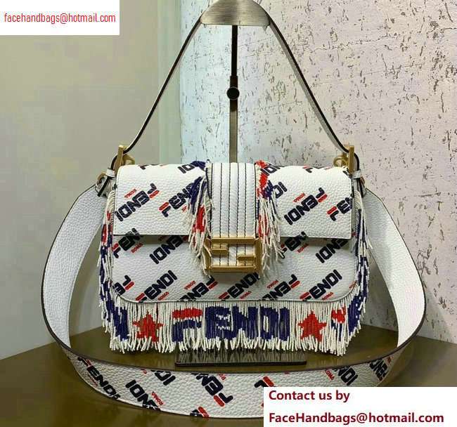 Fendi Mania Logo Fringe Medium Baguette Bag White/Red/Blue 2020