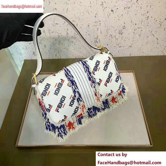 Fendi Mania Logo Fringe Medium Baguette Bag White/Red/Blue 2020 - Click Image to Close