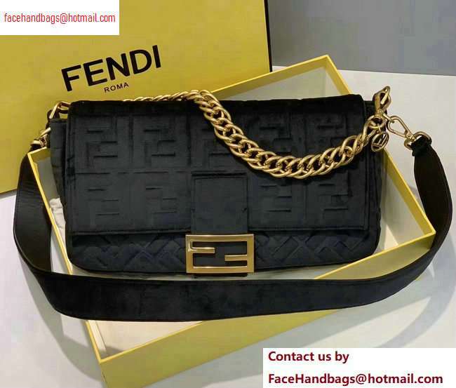 Fendi Velvet Embossed FF Motif Baguette Large Bag Black 2020 - Click Image to Close