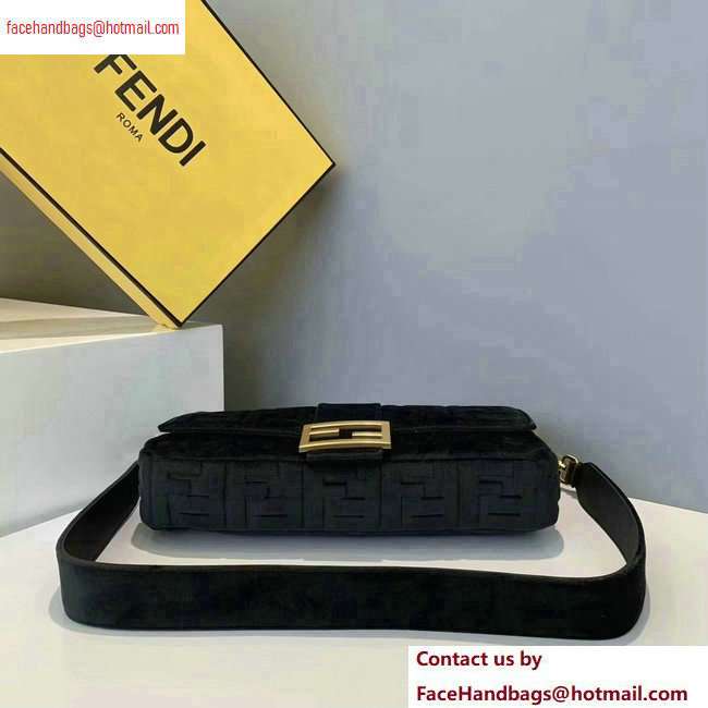 Fendi Velvet Embossed FF Motif Baguette Large Bag Black 2020