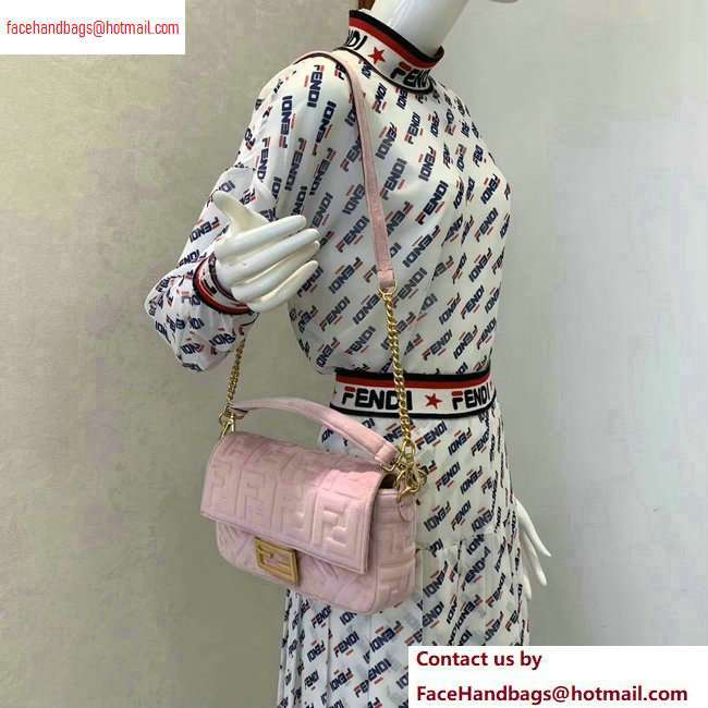 Fendi Velvet Embossed FF Motif Baguette Medium Bag Pink 2020