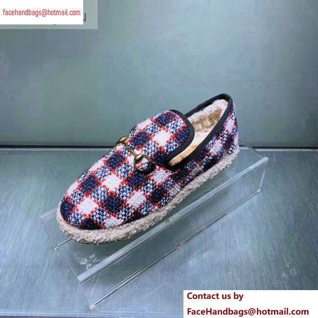 Gucci Horsebit Merino Wool Lining Loafers 575850 Check Tweed Blue/Red/White 2020 - Click Image to Close